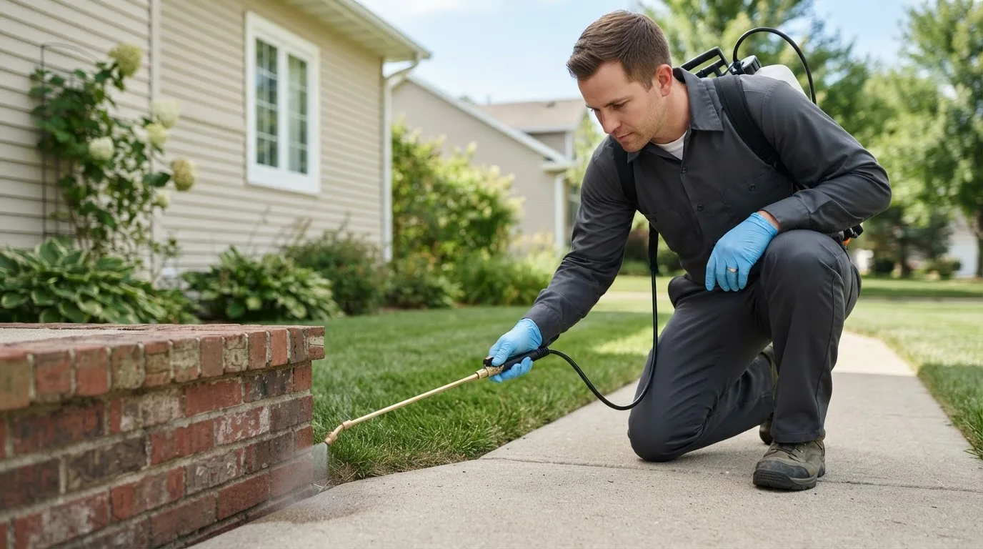 Pest control technician treating a home near Pledger, TX
