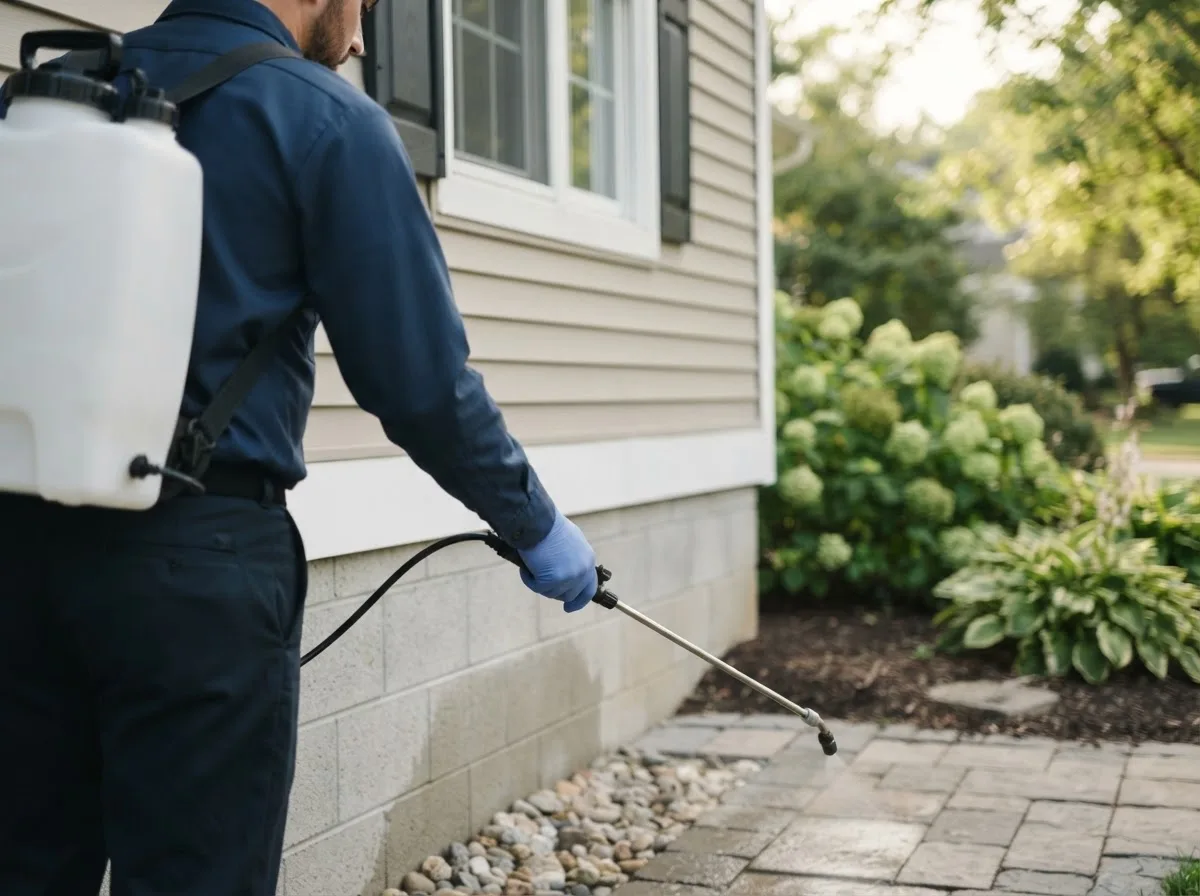 Pest control technician inspecting a home in Pledger, TX